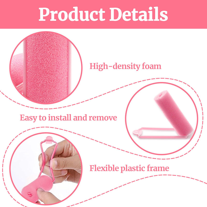 Soft Sponge Hair Rollers 12 Pack, Overnight Curlers, Pink | For overnight styling, built-in fastening bands, no separate pins or clips, gentle hold, suitable for women and girls