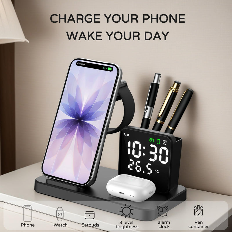 5 in 1 Wireless Charging Station with Alarm Clock Pen Holder, Fast Wireless Charger for iPhone 17/16/15/14/13/12/Pro/Max/Air, for iWatch & AirPods, Charger Stand with Temperature, Snooze Model Black