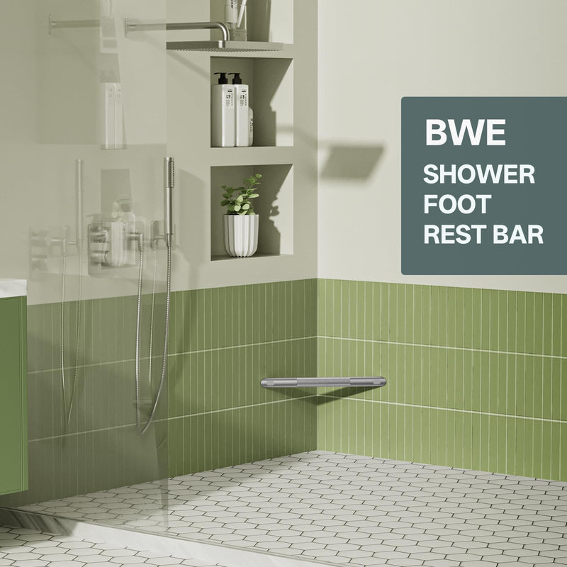 BWE Brushed Nickel Shower Foot Rest Bar, Stainless Steel Bar Corner Shower Foot Rest for Shaving Legs, Non-Slip Knurled Shower Step, Wall Mounted Bathroom Shower Shaving Foot Rest