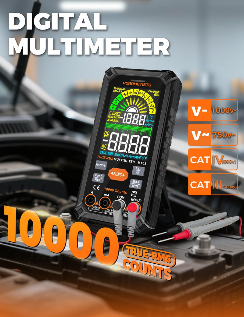 Smart Digital Multimeter Auto-Ranging,10000 Counts True-RMS | POROMETISTO Rechargeable Voltmeter Multimeter with NCV & Capacitance Check,Dual Fuse Electric Tester for HVAC & Automotive MT03