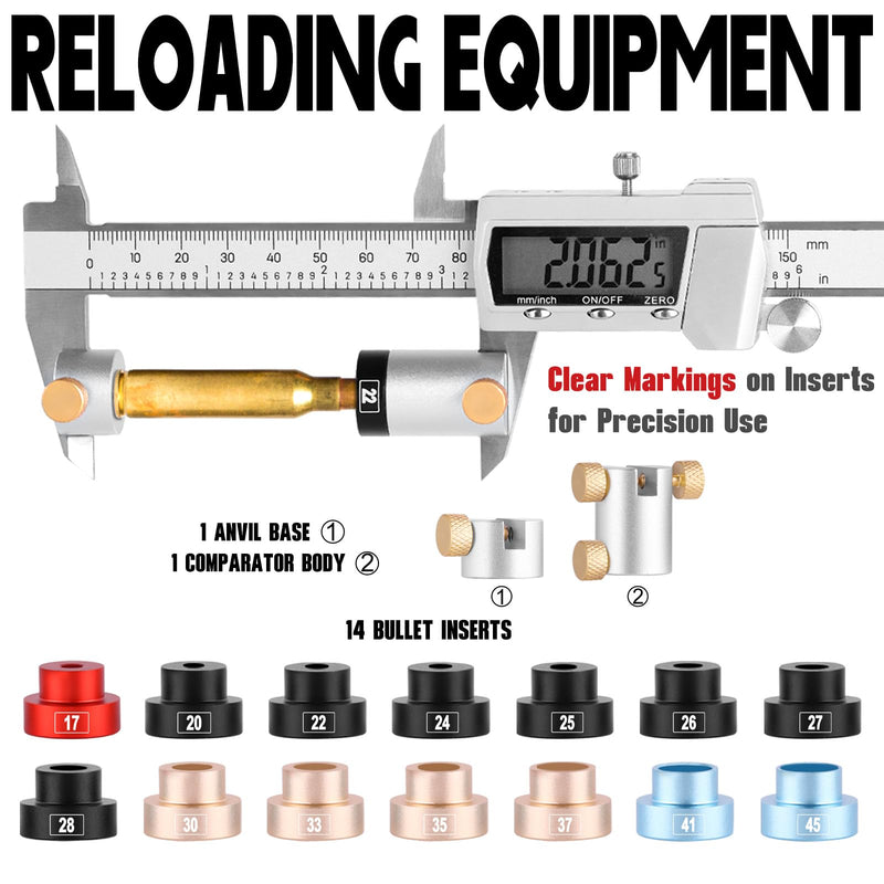 Bullet Comparator Kit, Includes 14 Inserts & 1 Comparator Body & 1 Anvil Base, Universal Fit for .17 to .45 Calibers, Precision Ammo Reloading Gauge Tool Set Seamless Caliper Connection 16pcs Bullet Comparator Kit