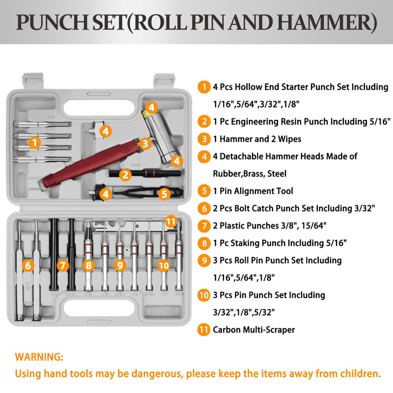 BESTNULE Roll Pin Punch Set, Punch Tools, Made of Solid Material Including Steel Punch and Hammer, Ideal for Machinery Maintenance with Organizer Storage Container (Without Bench Block) Without Bench Block