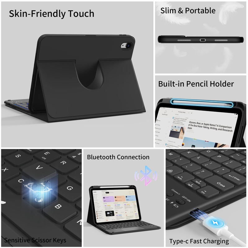 Clear Case Keyboard for iPad (A16) 11th/10th Gen, Black | Detachable 360°Rotatable Clear Back, Multi-Trackpad & 7-Color Backlit Bluetooth Keyboard, Portrait Mode Usage, Durable Cover