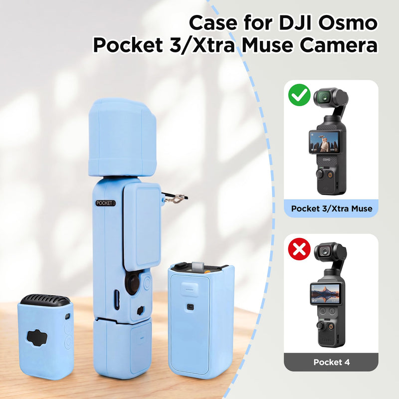 Case for DJI Osmo Pocket 3 / Xtra Muse Camera, Pocket 3 Accessories | Soft Silicone Protective Case, Comes with 2 Sets of Screen and Lens Protective Films and a Wrist Strap (Sky Blue) Sky Blue