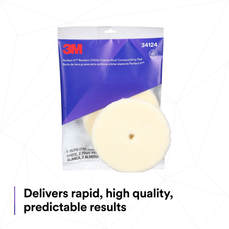 3M Perfect-It Random Orbital Coarse Wool Compounding Pad, 6"/150 mm, White, 34124, Orbital Pads for Automotive Compounding and Polishing 6" 150mm
