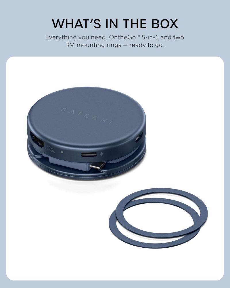 Satechi OntheGo 5-in-1 USB-C Hub, 4K/60Hz HDMI, SD Card Reader, Indigo | USB hub, 60W PD pass-through charging, SD card reader, 5 Gbps Type-A/Type-C data, magnetic mount, for MacBook Neo/Air/Pro