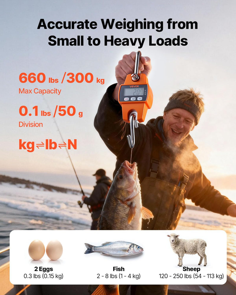 VEVOR Digital Crane Scale, 660 lbs/300 kg, Industrial Heavy Duty Hanging Scale with Cast Aluminum Case & LCD Screen, Handheld Mini Crane with Hooks for Farm, Hunting, Fishing, Outdoor, Garage (Orange) Orange