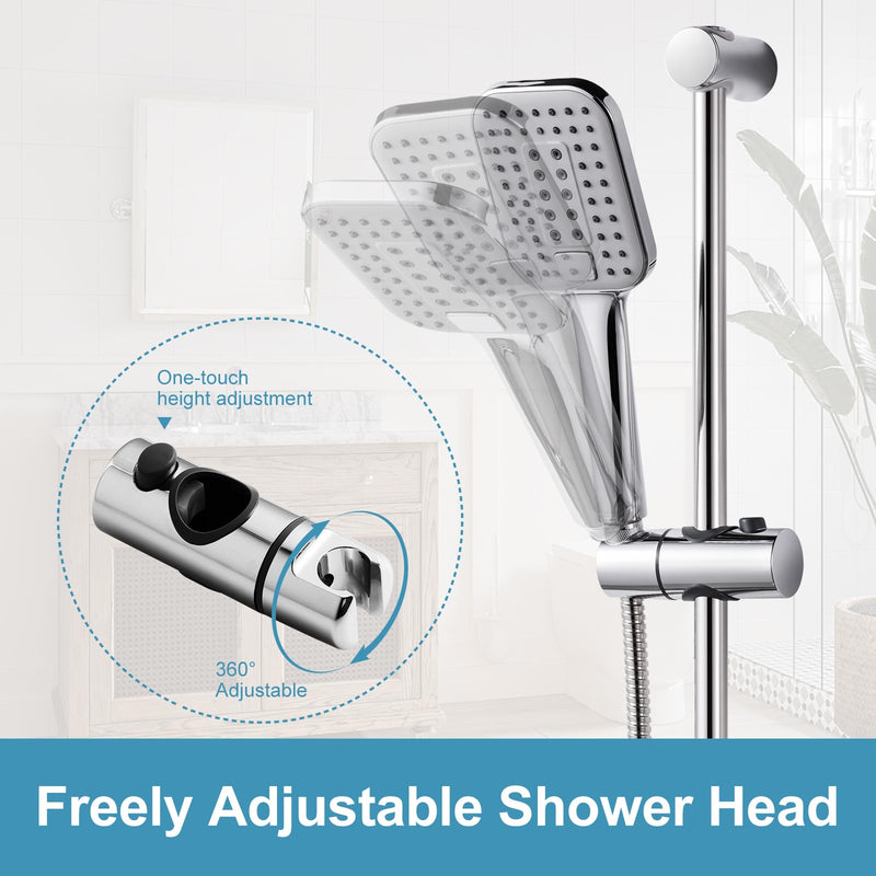 OFFO Shower Slide Bar Combo, Adjustable 31 in Slide Bar with 3-Mode Square Handheld Shower Head and 60 in Stainless Steel Hose, Screw Wall Mounted, Chrome Finish Square 31" Slide Bar & 60" Hose