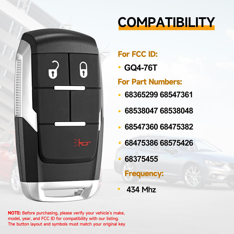 Smart Key Fob Replacement Fits for Dodge Ram 2500 3500 4500 5500 2019 2020 2021 2022 2023 2024 Smart Proximity Car Keyless Entry Control Remote GQ4-76T 433Mhz 3BT