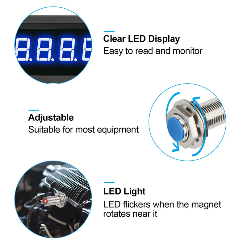 EEEkit 4 Digital Blue LED Tachometer, RPM Speed Meter Digital Motor with Hall Proximity Switch Sensor NPN for Conveyor Belts