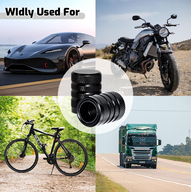 4-Piece Black Anodized Aluminum-Plastic Composite Tire Valve Stem Caps with Integrated Plastic Sleeve,Corrosion-Resistant and Universal Fit,Suitable for Cars, Trucks, and Motorcycles(Black)