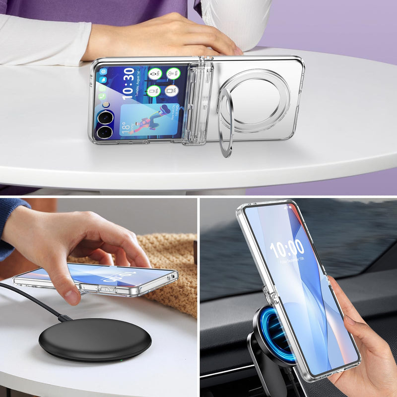 Designed for Samsung Galaxy Z Flip 8 Case Clear Magnetic with Kickstand | Hinge Protection & Screen Protector[ Compatible with MagSafe],Slim Protective Phone Case Cover for Z Flip 8