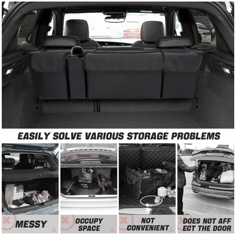 AUCELI Car Trunk Organizer, Backseat Hanging Large Storage with Adjustable Straps, Waterproof Collapsible Cargo Bag with 4 Pockets, Sturdy Space Saver Frees Trunk Floor for SUV, Truck, MPV Black