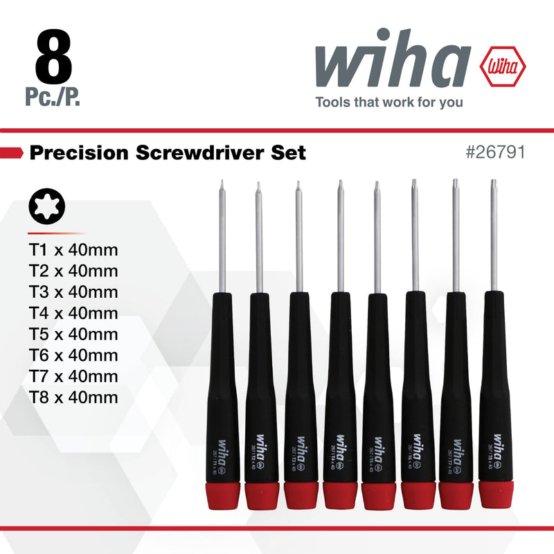 Wiha 26791 Precision Torx T1-T8 Set, 8-Piece,(Red, Black)