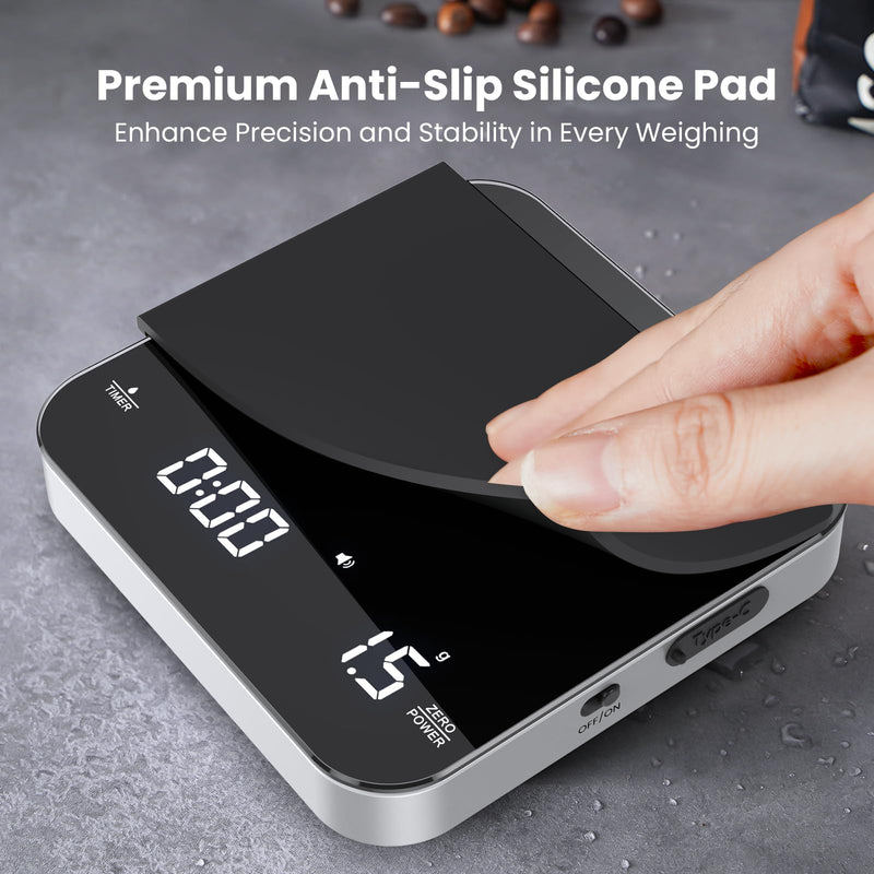 Rechargeable Mini Coffee Scale with Timer, Maestri House Espresso Scale, 2kg/0.1g Accurate Scale for Espresso and Pour-Over Coffee, Portable Digital Kitchen Scale with Automatic Timing（Black&Silver） Black&Silver