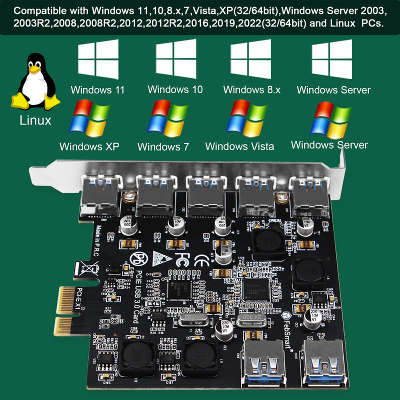 7-Ports Superspeed 5Gbps PCIE USB 3.0 Expansion Card for Windows 11, 10, 8.x, 7, Vista, XP Desktop PCs, Built in FebSmart Self-Powered Technology, No Need Additional Power Supply (FS-U7-Pro) FS-U7-Pro