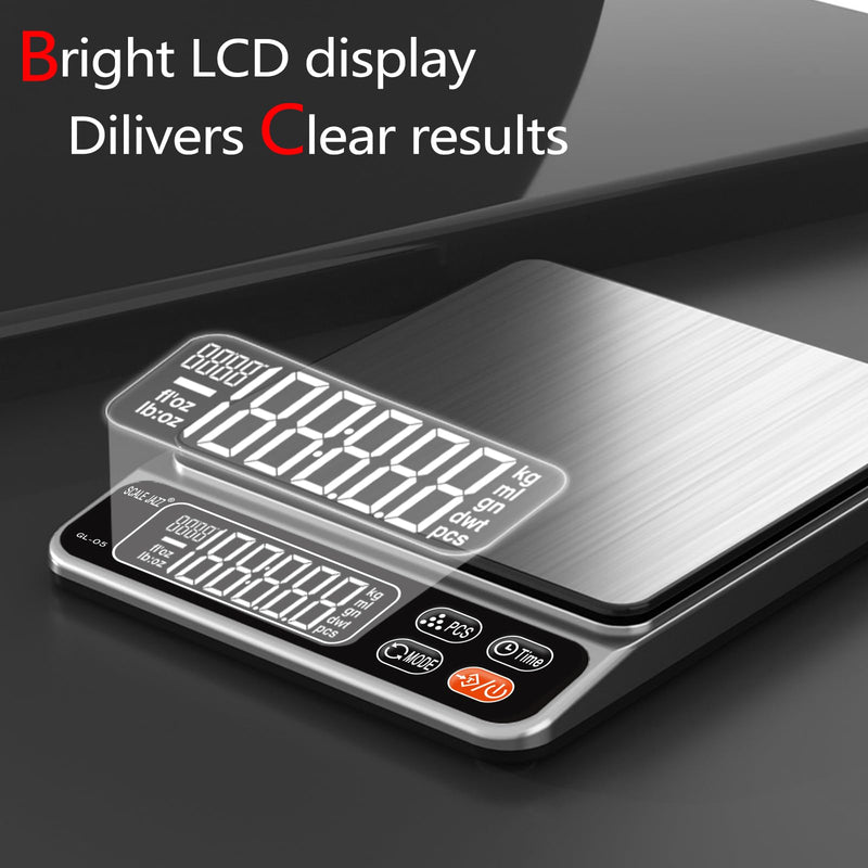 Food Scale,5kg/11lb Digital Kitchen Baking Scale Grams and Ounces for Cooking Coffee Meal prep Packages Weight Loss,0.1g high Precision,7Units with Timer, Easy Clean Stainless Steel Silver L