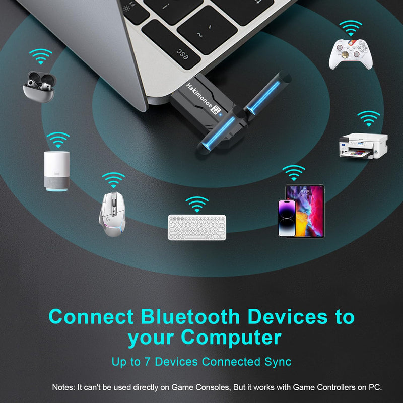 USB Bluetooth 5.4 Adapter for PC Laptop, Long Range 492FT Wireless Dongle Adaptor for Windows 11 10 8.1 7 Desktop, Plug and Play Bluetooth Mouse Keyboard Headphones Speaker Game Controller
