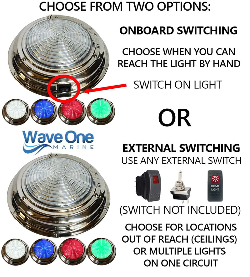 Wave One Marine Four Color 7" LED Boat Dome Light 12V RGBW RV | Stainless | Ceiling Cabin Surface Mount | WHITE BLUE RED GREEN | Use External Rocker Toggle Switch To Change Colors (External Switch) EXTERNAL Color Switching