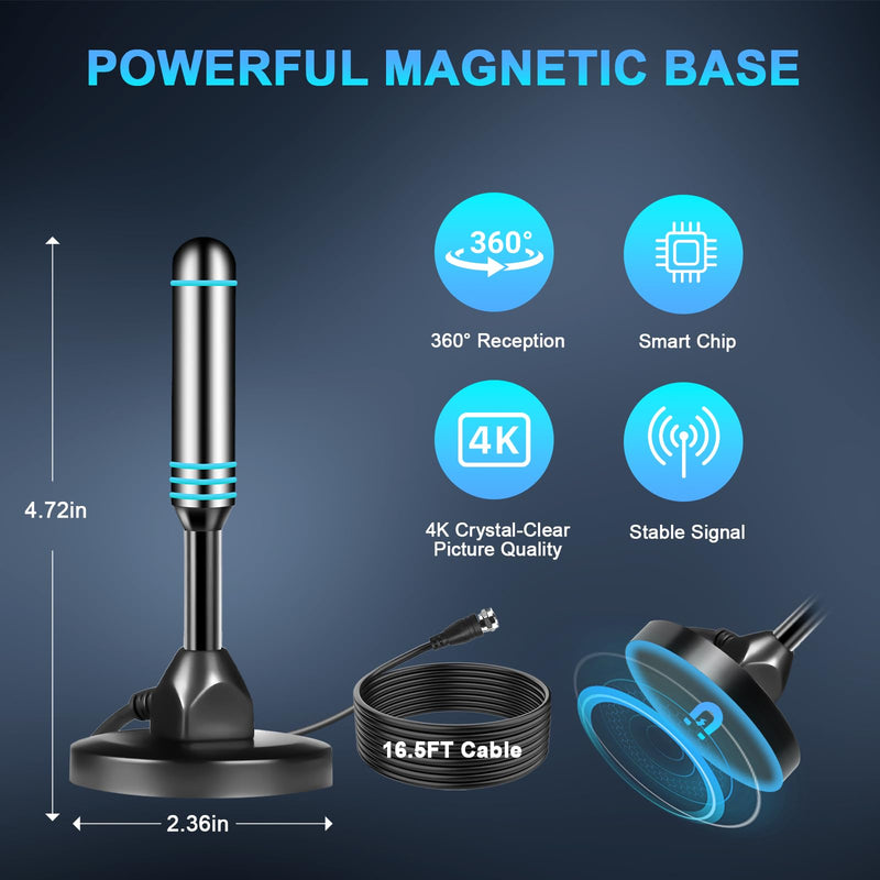 TV Antenna for Local Channels, TV Antenna for Smart TV Indoor -16.5ft Cable | with Support 4K 1080P, 360° Long Range TV Antenna, with Magnetic Base, Easy Installation -(Blue) Blue