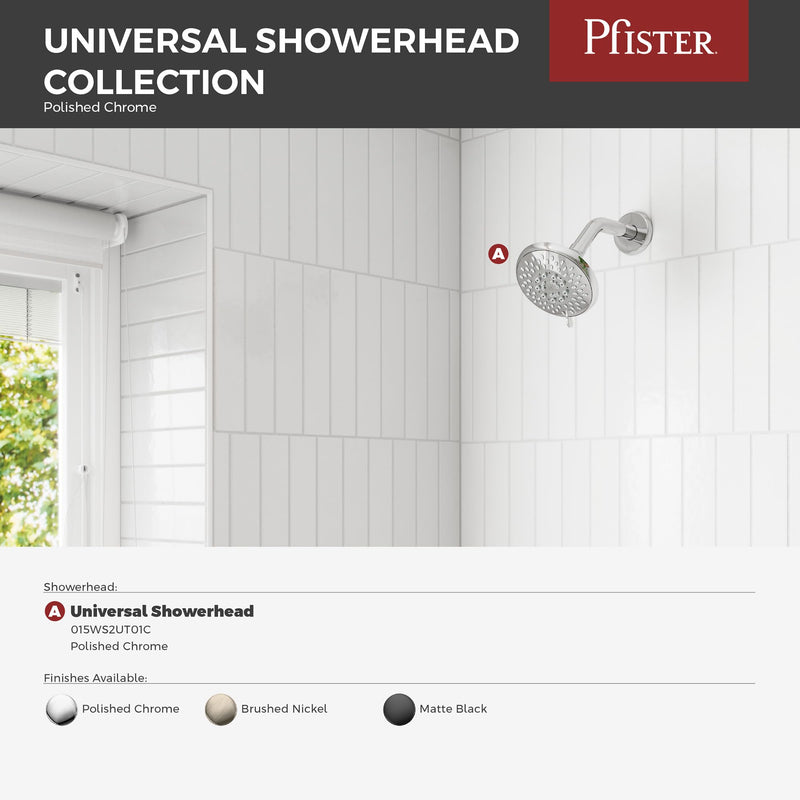 Pfister Universal Shower Head, Shower Arm Not Included, 5-Function, 1.75 GPM, Polished Chrome Finish, 015WS2UT01C Without QuickConnect