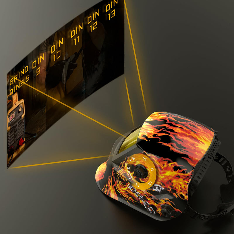 TOOLIOM Welding Helmet Auto Darkening Solar Powered with Adjustable Shade 3.5/9-13 for TIG MIG ARC Flaming Skull Design Welder Mask