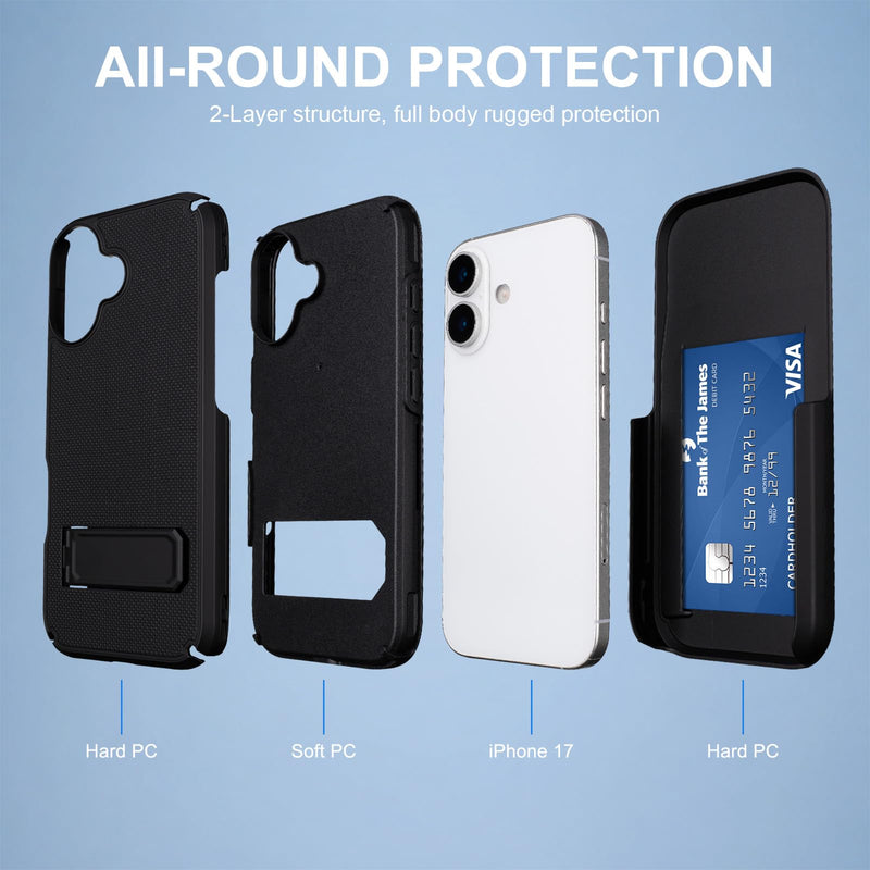 for iPhone 17 Case with Belt Clip Holster, Compatible with MagSafe, Black | with [Credit Card Holder], Heavy Duty Shockproof Drop Protection, Rugged Dual-Layer, Slim iPhone 17 Case with Kickstand
