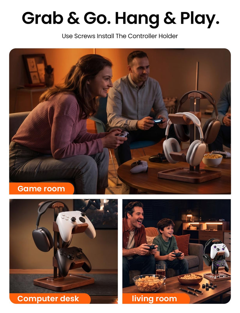 LOXP Walnut Headphone and Controller Stand, 2-in-1 Holder with Storage | Solid Wood Gaming Headphone Stand, Built-in Storage, Non-Slip, Fits Xbox PS5 Switch Controllers, Desktop Organizer for Gamers
