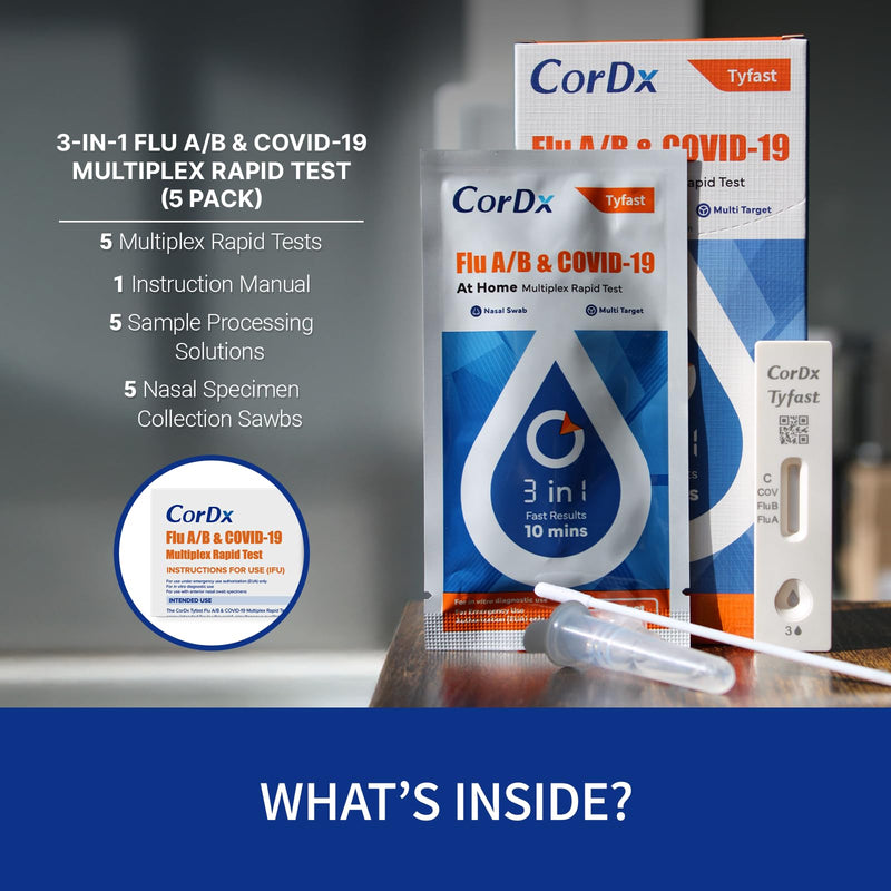 CorDx TyFast at Home Flu A/B & COVID-19 Multiplex Rapid Test Kit, Easy, Accurate, Fast Results in 10 Minutes, 3 in 1 Combo Kit, 5 Tests