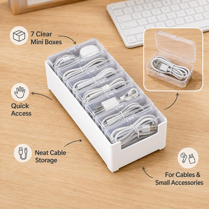 8 Pcs Cable Organizer Storage Box, Desktop Cord Management Organizer with 7 Switch Small Boxes, Clear Home Perler Beads Case for Stationery Supplies Desk Electronic Accessories, White