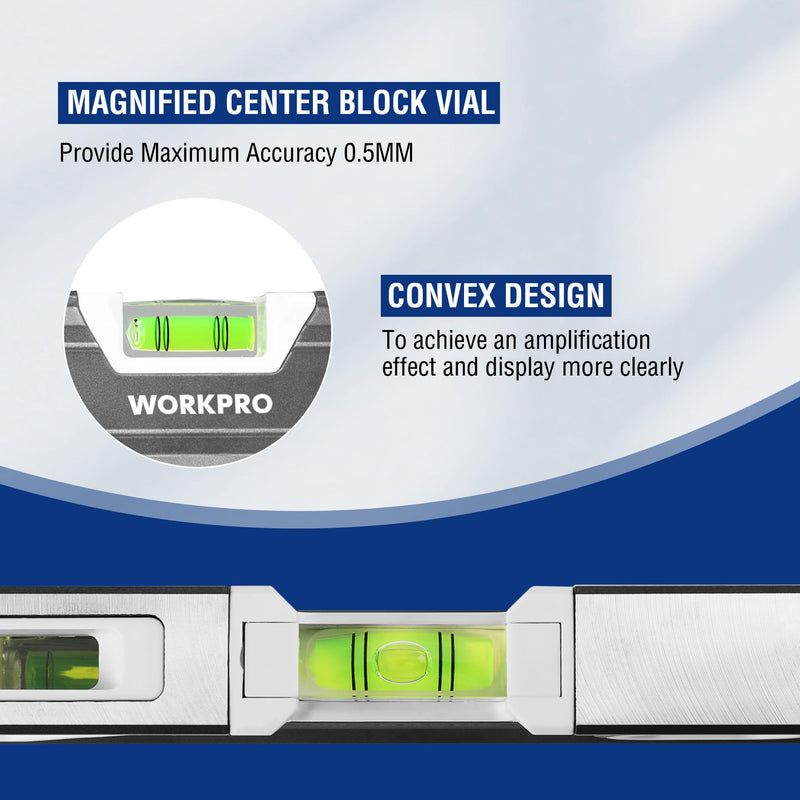 WORKPRO 10 Inch Torpedo Level, Small leveler tool with 3 Different Bubbles 45°/90°/180°, bubble level With Shock Absorbing End Caps, V-Groove for Conduit Bending, Silver/White/Blue 45°+90°+180°