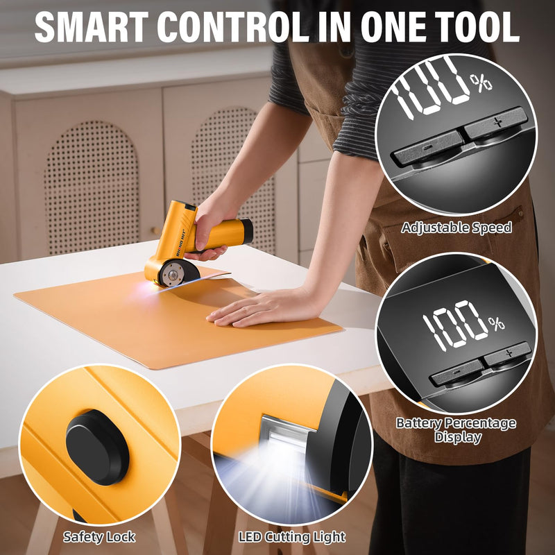 Cordless Electric Scissors, Rechargeable Rotary Cardboard Cutter with LED Light & Safety Lock, 4-Speed Adjustable, 3 Blades for Fabric, Carpet, Leather & Carton, with Storage Case(yellow) Yellow