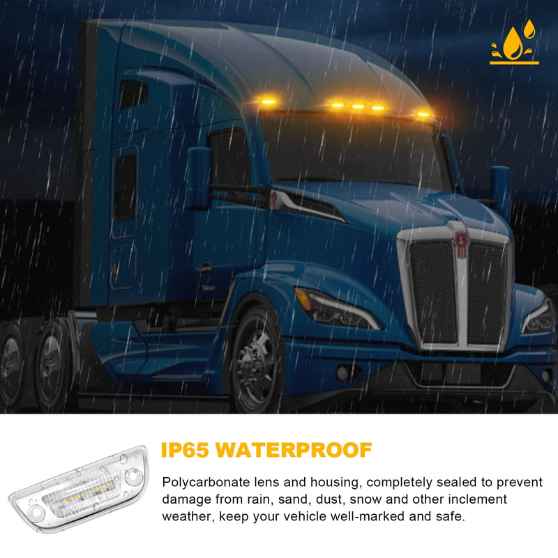 5PCS 9LED Cab Marker Top Roof Running Lights Assembly, Reflective Clear Lens, Super Bright Amber Light, Compatible with Kenworth T680 T770 T880 & Peterbilt 579 Heavy Trucks Cab Marker Lights