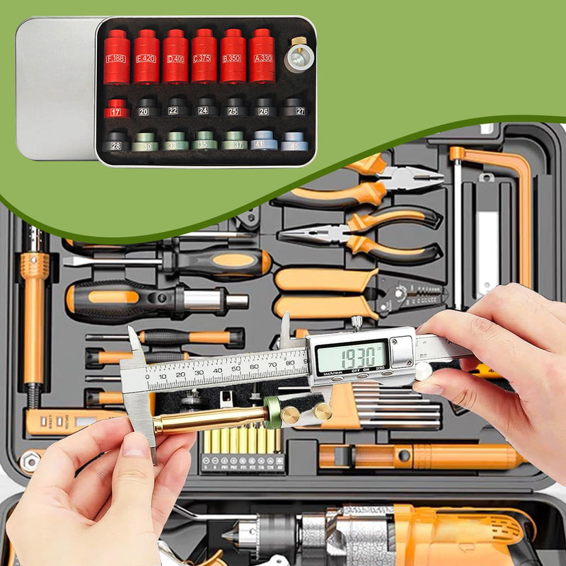Bullet & Headspace Gauge Comparator Kit 【14 Inserts & 6 Bushings】, Precision Reloading Gauge Tool with Tin Box, Durable Comparator Equipment for Caliper Measurement and Consistent Headspace Setup