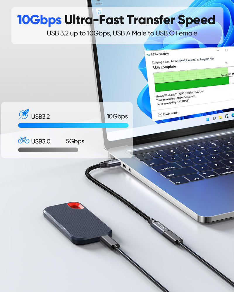 USB C Female to USB A Male Adapter 10Gbps Data Transfer Cable 60W&3A | USB Male to USB C Female Adapter USB 3.2 Gen 2 Type C OTG Charging Compatible for Flash Disk, Laptop, PC, Charger, Quest Link 0.5FT 1