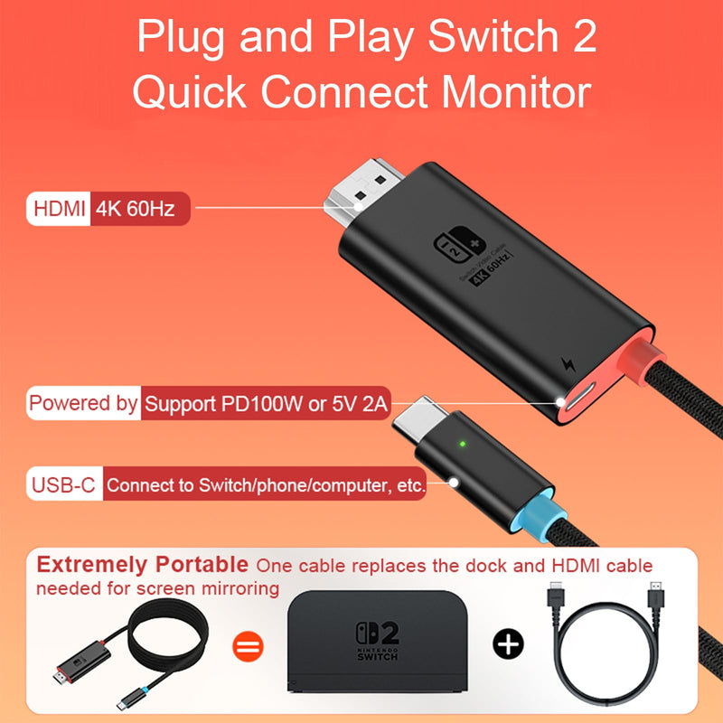 USB C to HDMI Cable Adapter for Switch 2 Dock Station, 4K@60Hz HDR, 6.6ft PD3.0 100W, Portable Travel TV Dock Connector Compatible with Nintendo Switch 2 (V22+)/2017/OLED, Steam Deck, ROG Ally