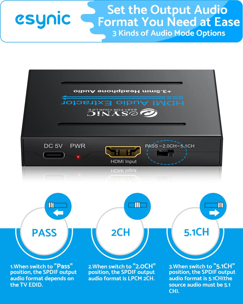 eSynic Portable 4K@30Hz HDMI Audio Extractor-No ARC/eARC & Not from HDTV to Soundbar-Easy to Setup-Metal Shell-for Gaming Consoles/Fire TV Stick to HDMI Monitor & Optical or 3.5MM & L/R Audio System