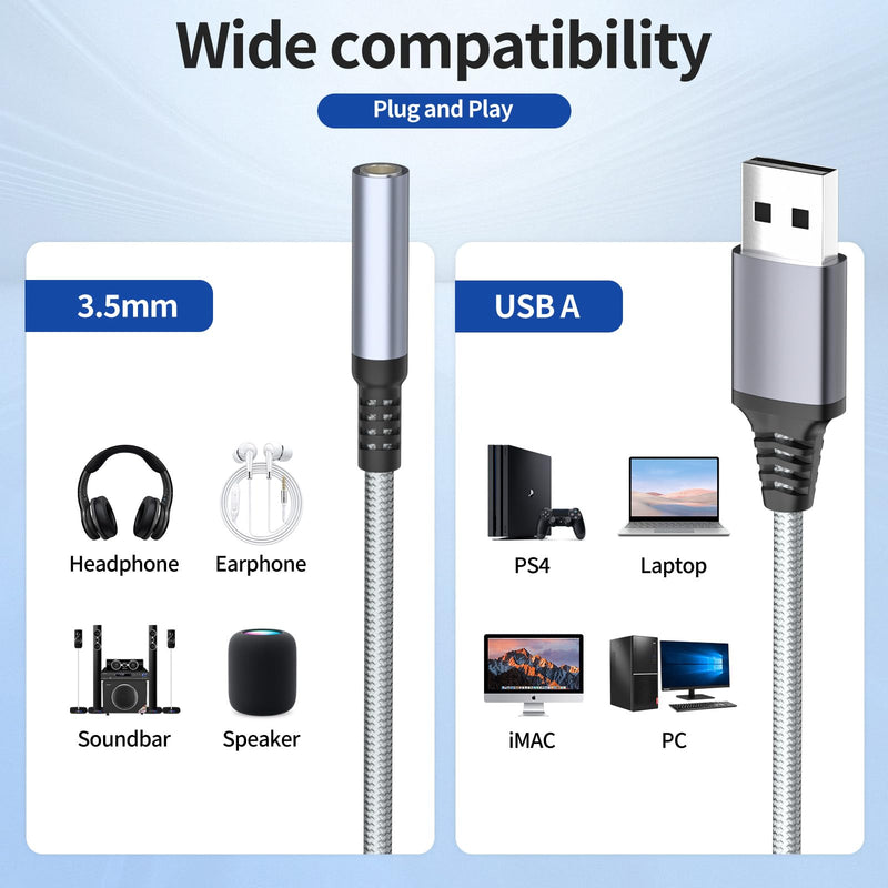 USB to 3.5mm Jack Audio Adapter, Audio Aux Cable External Stereo Sound Card, USB-A to 3.5mm TRRS Female Headset for PS4/PS5/Headphone/Mac/Linux/PC Windows/Laptop/Desktops/Docking Station/iOS (Gray)
