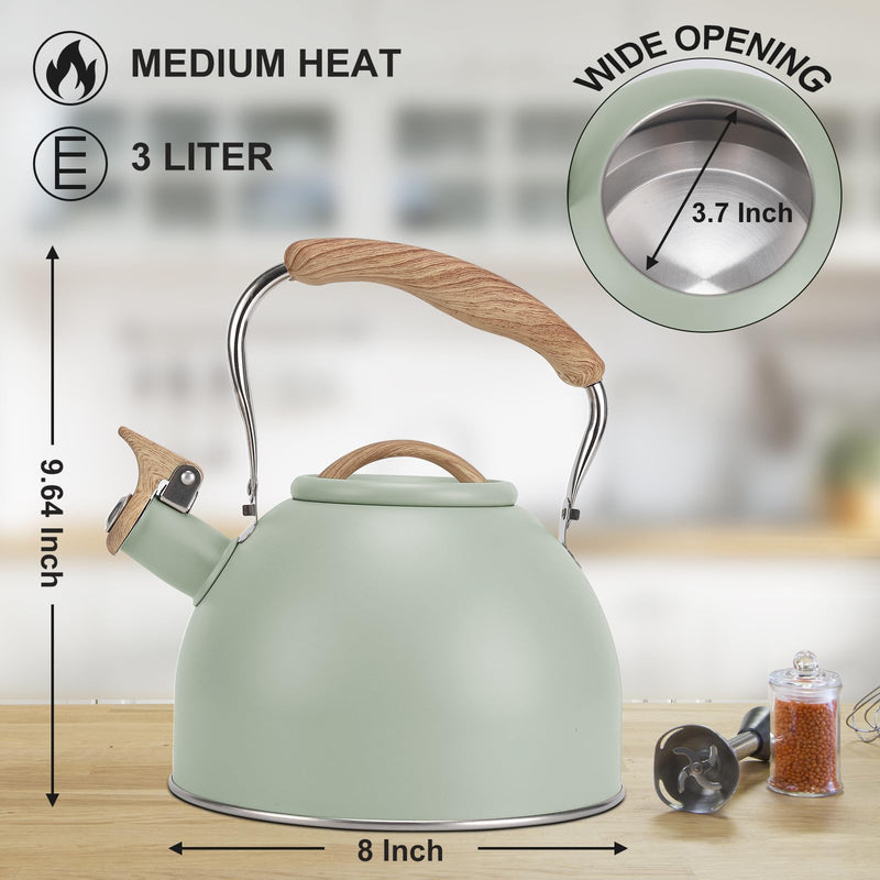 Tea Kettle, Vegoran 100 OZ / 3 Liter Whistling Tea Kettle, Tea Pots for Stove Top Food Grade Stainless Steel with Wood Pattern Folding Handle, Loud Whistle Kettle for Tea, Coffee, Milk (Green) Green