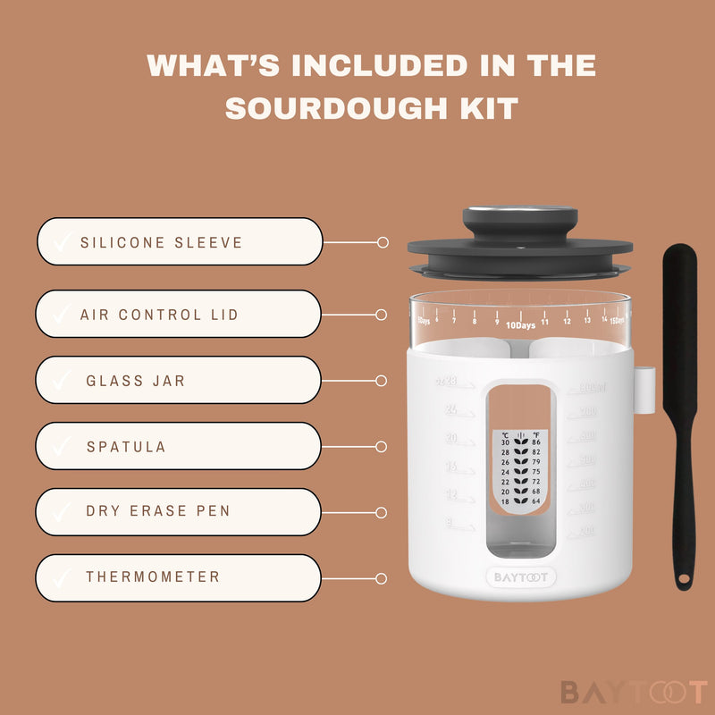 Sourdough Starter Jar Kit 33oz – Wide Mouth Sourdough Fermentation Jar, Upgraded 2026 Sour dough Container Reinforced Thick Glass Base, Airflow Lid, Feeding Tracker & Thermometer (White) white