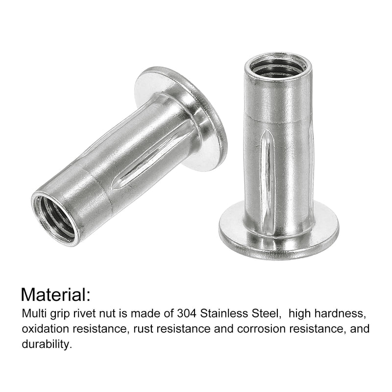 uxcell M10 Multi-Grip Rivet Nuts, 10pcs Pre-Bulbed Shank Flat Head Threaded Insert Nut 304 Stainless Steel Plus Nuts for Construction Industrial 10