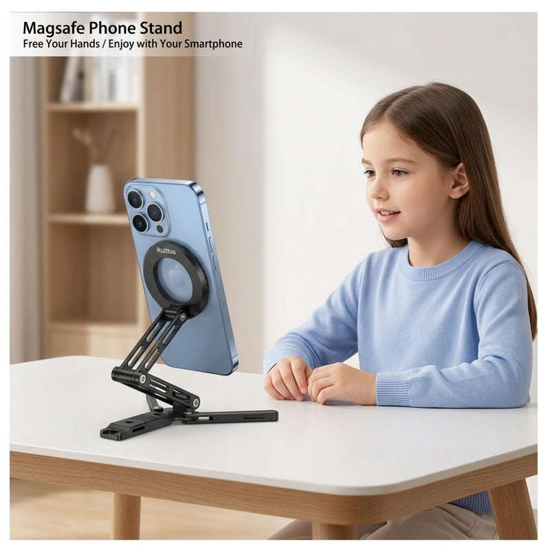 Ruittos for Magsafe Phone Stand & Tripod Adapter, Aluminum iPhone Mount with Arca-Swiss Base,1/4" Thread Foldable Desktop Stand & Selfie Stick Grip, Compatible with iPhone 17/16...Andriod