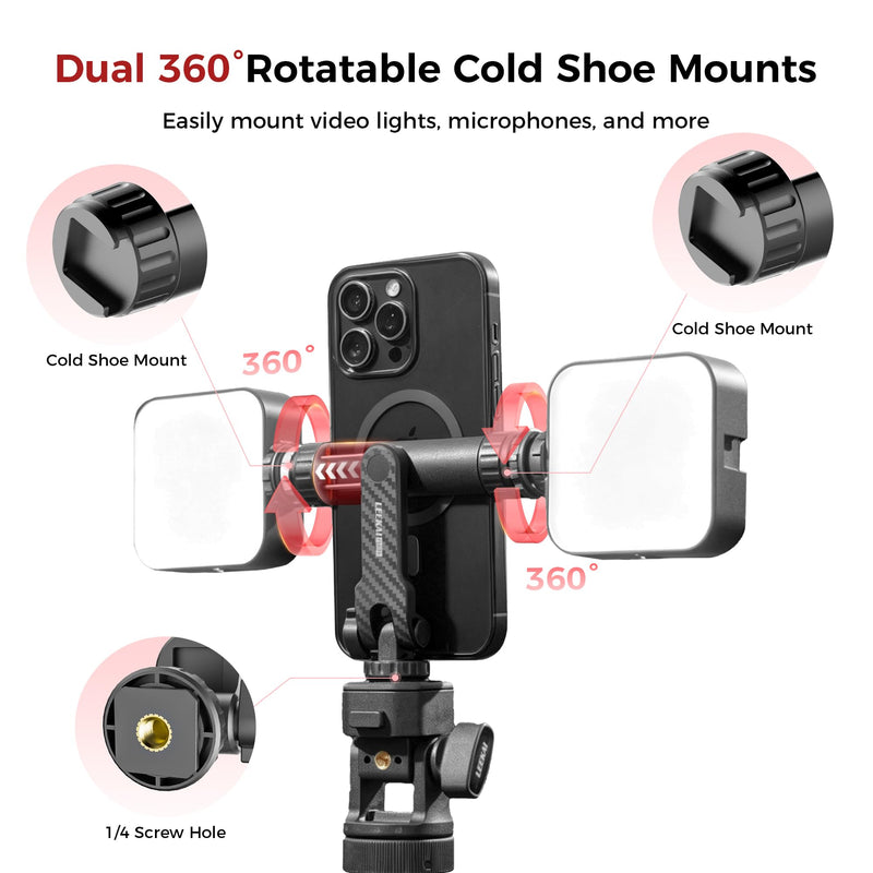 LEEKAI PH16 Tripod Phone Mount with 2 Cold Shoe and 1/4" Screw | Universal Smartphone Holder Adapter, Mount Adapter, 360° Rotates and 180° Tilts Adjustable Cell Phone Clamp Holder for Tripod