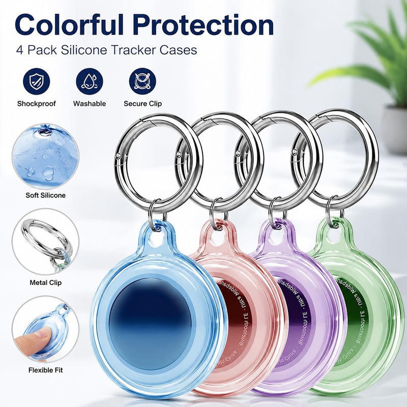 4 Pcs Clear Tracker Protective Cover, Transparent Full Wrap Anti-Scratch Shell with Key Ring, Waterproof Anti-Loss Portable Locator Sleeve, Mixed Color Daily Carry Protective Case