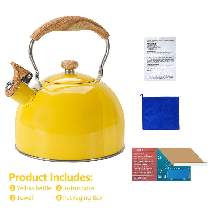 Tea Kettle,Whistling Tea Kettle Stovetop 2.6 Quart, Tea Pots for Stove Top Food Grade Stainless Steel,Wood Pattern Handle(Yellow),With Anti Scald Towel Yellow