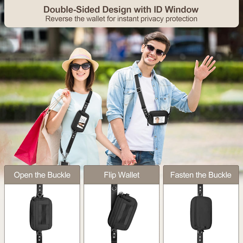 Clip and Go Strap for Phone with Wallet Crossbody, Adjustable & Detachable Phone Lanyard with RFID Wristlet Wallet, ID Window, Zipper, Universal Phone Strap for All Phones, Black (M) Medium