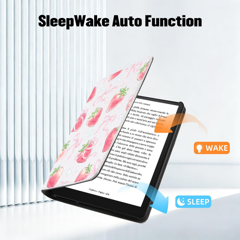Cute Strawberry Case for 7" Kindle Paperwhite 12th Gen | with Hand Strap|Slim Foldable Stand|PU Protective Cover Case|with Auto Wake/Sleep|for Women Girls Strawberry A/White 7"KPW 12th Gen 2024