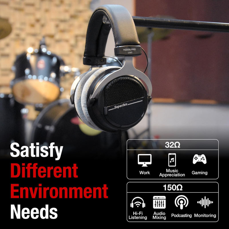 Superlux HD 330PRO,150 ohms, Over-Ear Headphones, Professional Semi-Open Wired Headphones with 40mm Neodymium Drivers and Solid Bass, 3.5mm Jack for Recording Music, Podcast, Studio Monitoring, Mixing