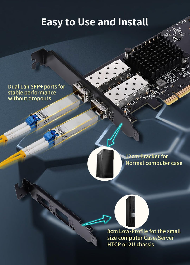 10Gb Dual LAN SFP PCI-e Network Card, Intel 82599(X520-DA2) Controller, NICGIGA 10Gbps Ethernet Adapter, 2 * 10Gbe SFP Port, 10G NIC Card, Support Windows/Windows Server/Linux/VMware X520-DA2