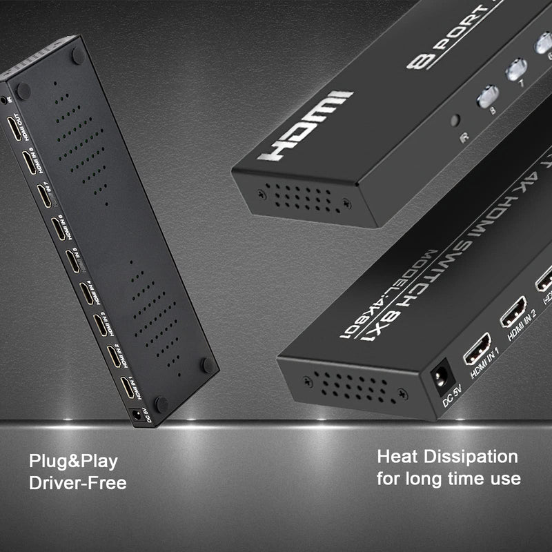 KAGO HDMI Switch 8 in 1 Out,4K HDMI Selector Switcher Box with Remote, Support 4K30Hz 1080p,HDR 3D,Compatible with PS3/4 Xbox PC Laptop Projector Blu-ray Player 8 ports